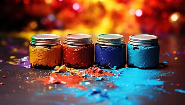 Jars of paint on a colored background splashes of paint