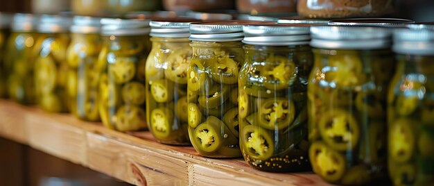 Photo jars of pickles are on a shelf including one that says pickles