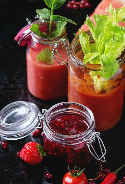 Jars of red smoothies