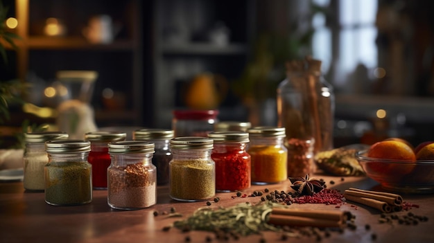 jars of spices on a table with a bottle of tea and spices.