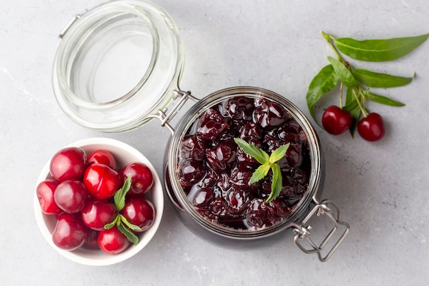 Jars with freshly homemade cherry jam sour cherry jam Turkish name Visne receli