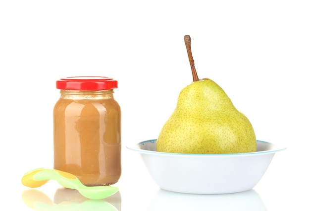 Jars with fruit baby food and pear isolated on white