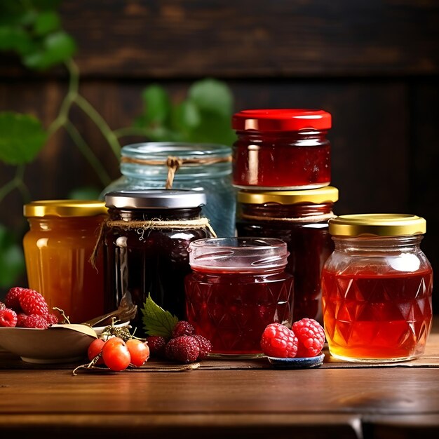 Jars with jam on wooden shelves preserved fruits and berries