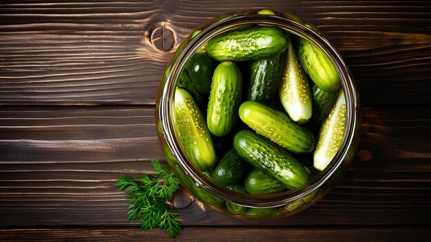 Photo jars with pickled cucumbers on the wooden background