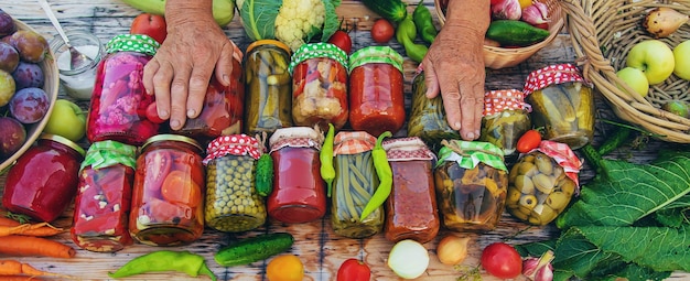 Jars with preserved vegetables for the winter Selective focus