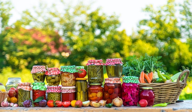 Jars with preserved vegetables for the winter Selective focus