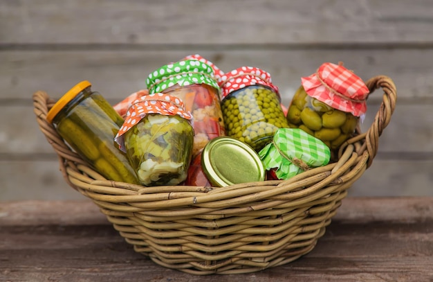 Jars with preserved vegetables for the winter Selective focus