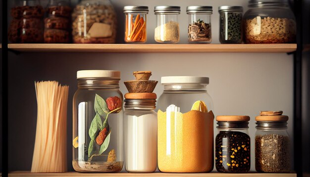 Jars with products on kitchen shelves professional p