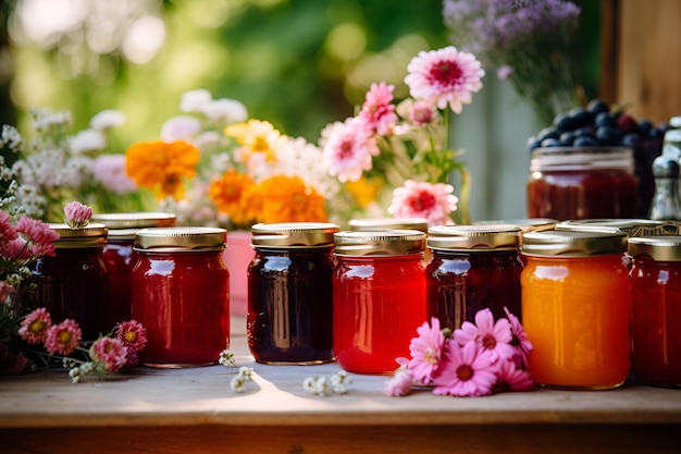 Jars with various jams and flowers on a wooden table