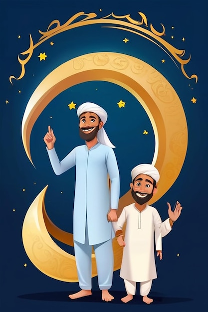 Jashneeid Celebration Poster Design with Cheerful Islamic Man and Son