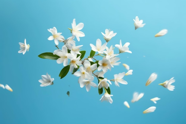 Jasmine bloom A beautiful white flowers of Jasmine on blue background