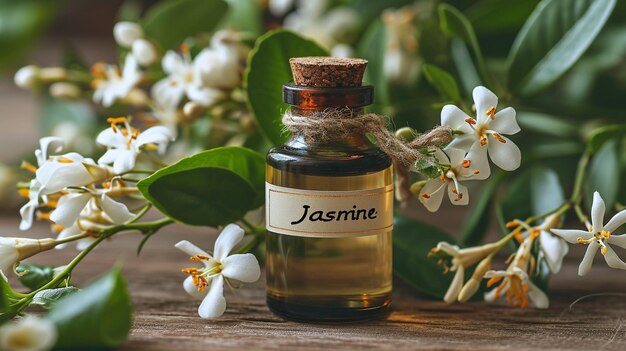 Photo jasmine essential oil and jasmine inscription