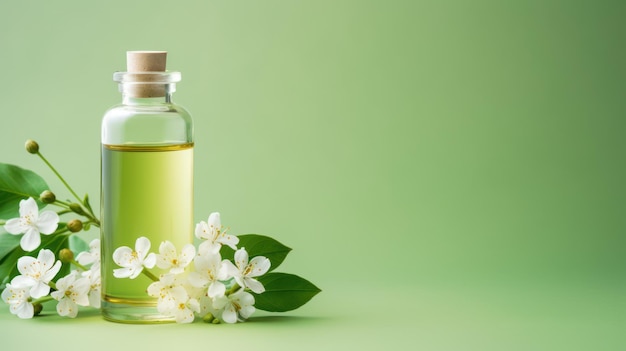 Jasmine essential oil in a small bottle on a green background Generative AI