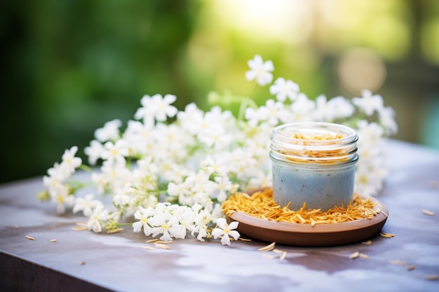 Jasmine flowers gathered around a jar of jasmine scrub