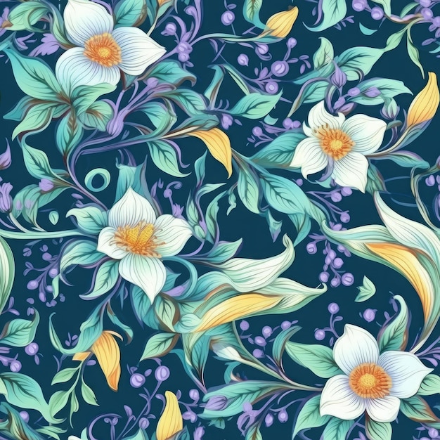 Jasmine flowers and paisley motifs inter woven seamless pattern AI Generated