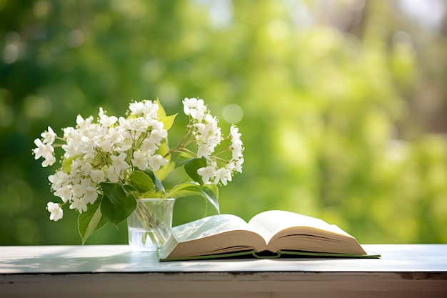 Jasmine flowers in a vase and open book on the table green natural background