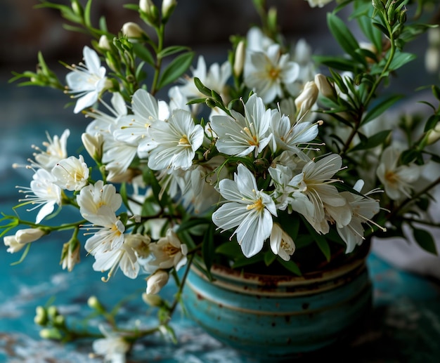 Photo jasmine flowers in vase on wooden table