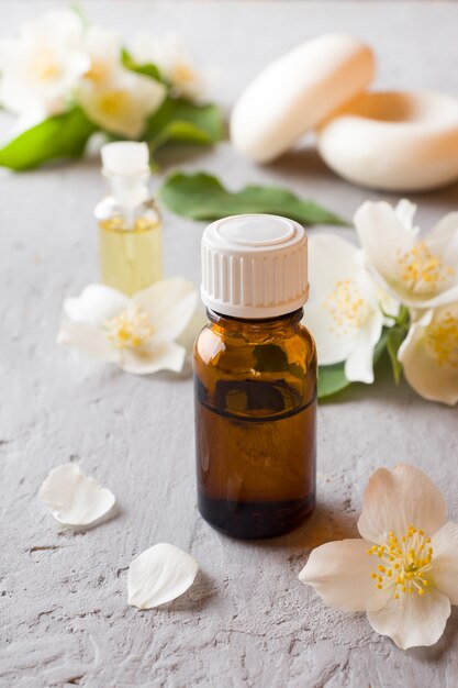 Jasmine oil. Aromatherapy with Jasmine oil and soap. Jasmine flower