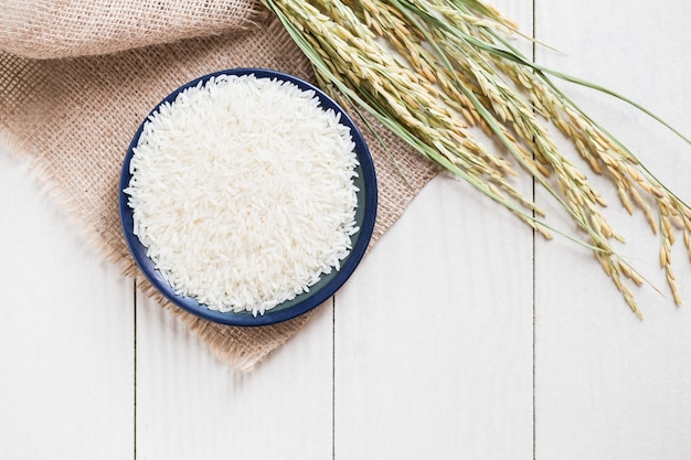 Jasmine rice in the blue plate,top view