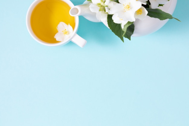 Jasmine tea and flowers Teapot with jasmine flowers on blue background Flat lay