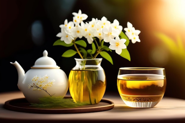 Jasmine tea with flower and vase of jasmine flowers on the garden table