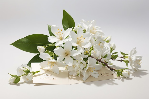 Photo jasminum auriculatum flower twig with wedding card