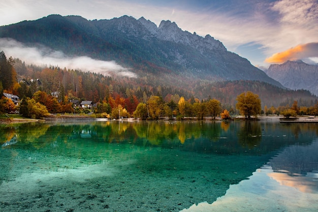 Jasna lake with beautiful reflections of the mountains Triglav National Park Slovenia