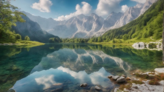 Jasna lake with beautiful reflections of the mountains Triglav National Park Slovenia