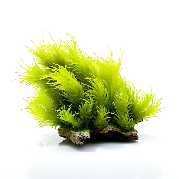 Java moss fluffy bright green strands attaches to wood and r aqua plant isolated on white bg