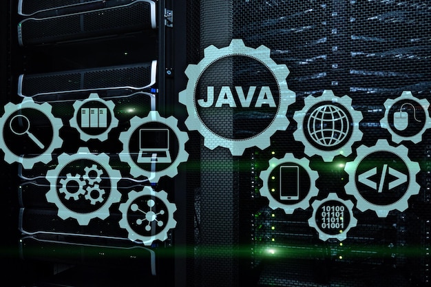 Java-programmeerconcept Virtuele machine Op de achtergrond van de serverruimte