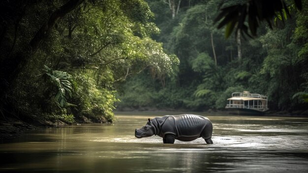 Java rhinoceros Rhinoceros probeicus Endangered animal Rhinoceros in their habitat AI Generative