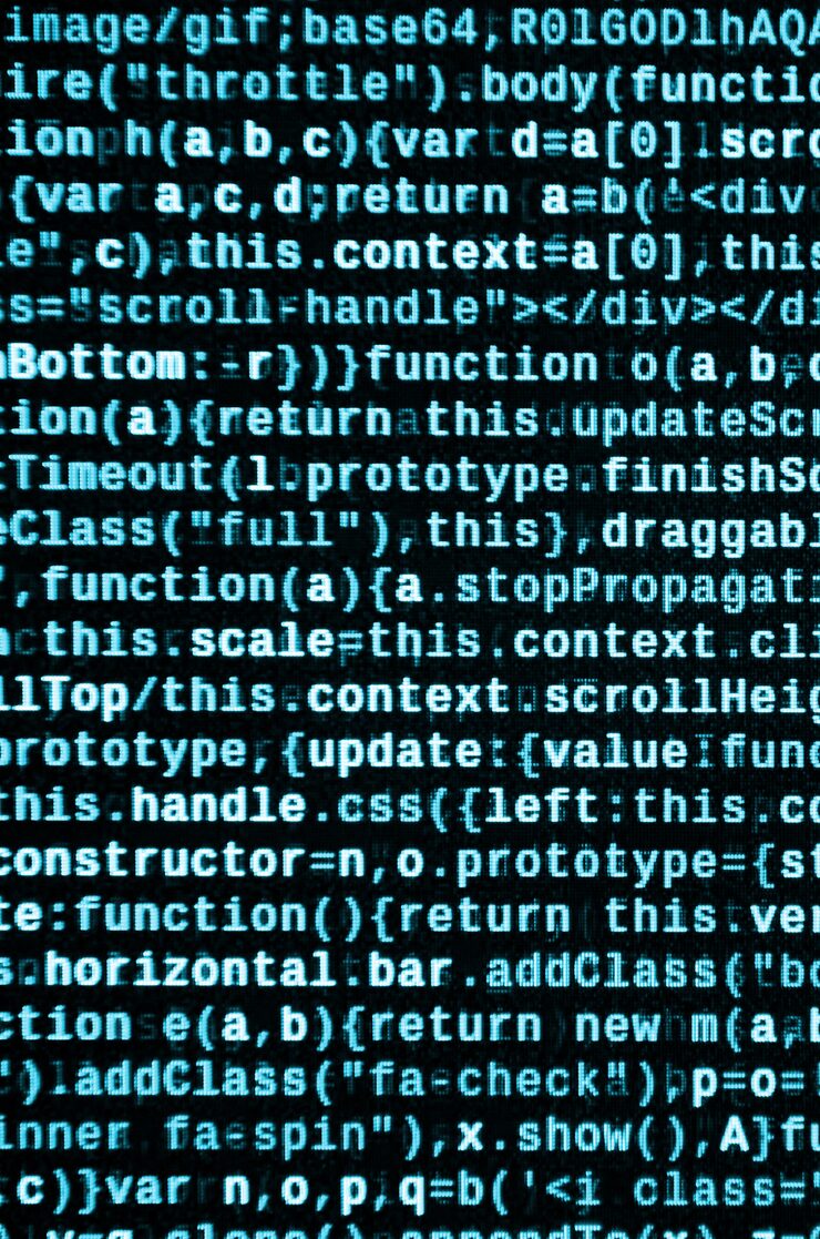 Photo javascript code in text editor. coding cyberspace concept. screen of web developing code