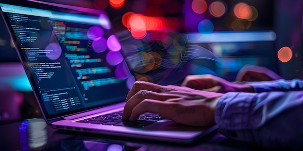 JavaScript-coder die software ontwikkelt op een laptop Concept JavaScript-softwareontwikkeling Laptopprogrammering