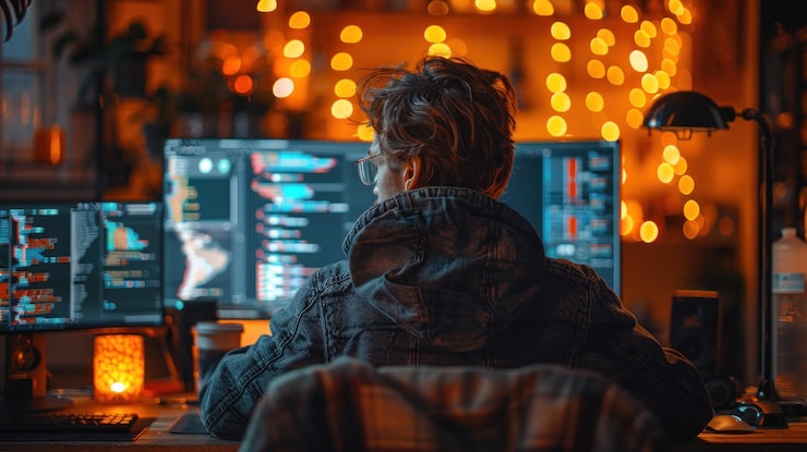 Photo a javascript developer working on a web application with html and css on screen