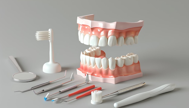 Модель зубных инструментов и зубной щетки на сером фоне