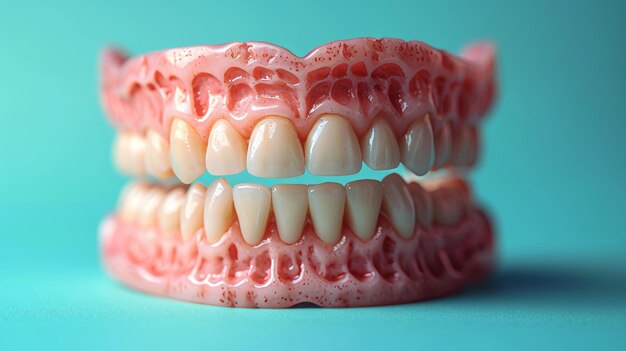 Photo jaw model with braces on a blue background