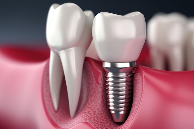 Jaw with gums and teeth and dental implant screws Dental implant process 3D illustration Close up of a dental implant Copy space