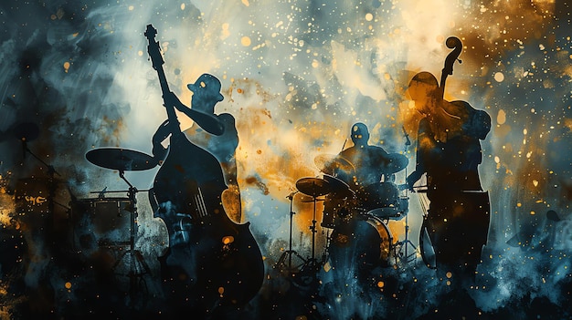 Photo a jazz band is playing on a stage the background is a dark blue with bright yellow and orange lights the band members are in silhouette