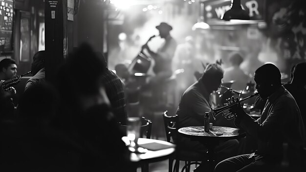 Photo a jazz musician plays the trumpet in a smoky club the dimly lit room is filled with people enjoying the music