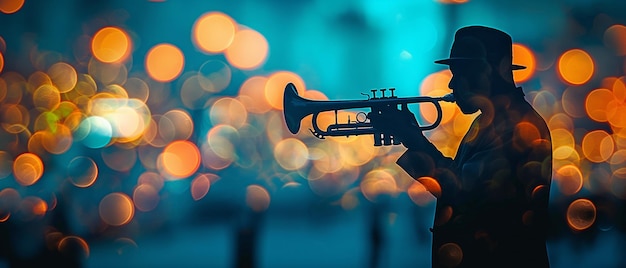 Jazz musician in silhouette blowing a trumpet