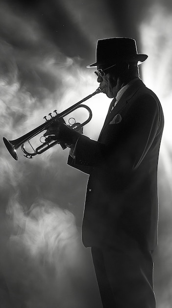 Jazz musician in silhouette blowing a trumpet