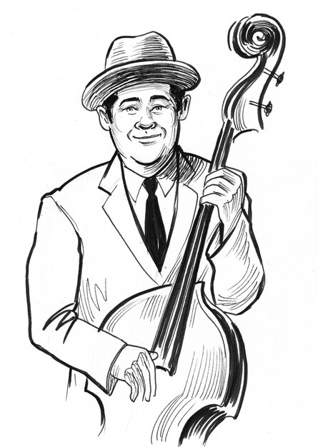 Jazz musician with a bass. Ink black and white drawing