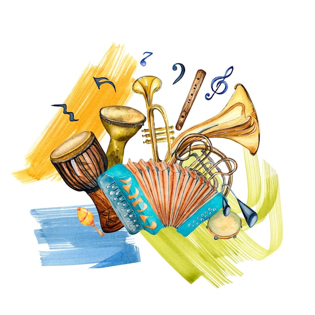 Jazz muziekinstrumenten en slag van verf aquarel illustratie geïsoleerd