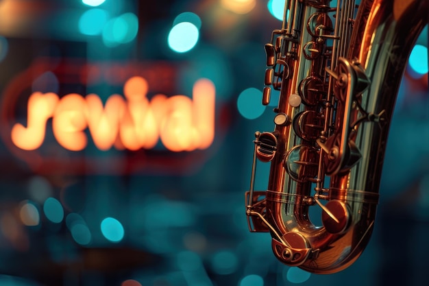 Jazz Revival Close-up van een saxofoon tegen een levendig jazz revival neon bord