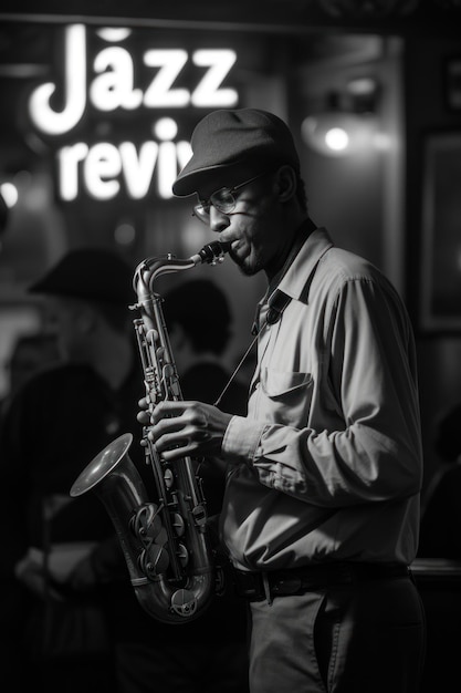 Foto jazz revival immagine monocromatica di un sassofonista che suona con anima sotto un cartello al neon del revival del jazz