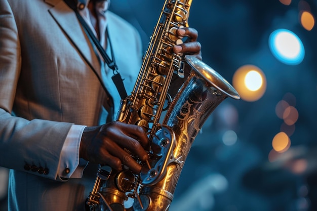 Jazz Revival A saxophonists hands playing a saxophone with bokeh lights in the background