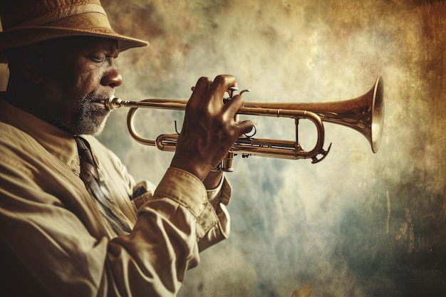 Jazz revival sepiatone image of a man in suit playing the trumpet