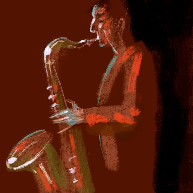 Фото Иллюстрация скетча джазового саксофона для джазового плаката иллюстрация саксофониста, играющего музыку