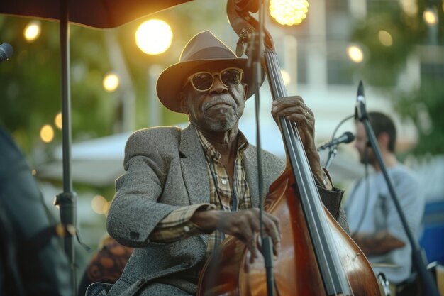 Foto jazzconcert in de open lucht met een muzikant