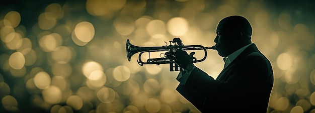 Jazzmuzikant in silhouet die op een trompet blaast